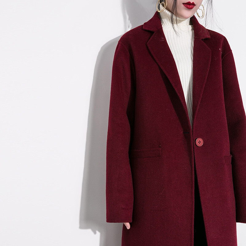 2016冬季酒红色双面呢大衣女中长款大牌气质羊毛呢子外套