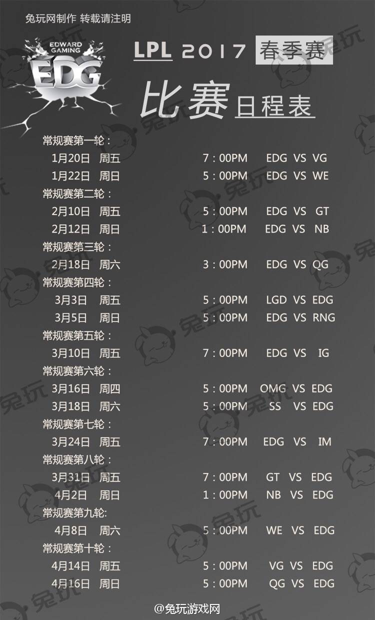 2017年LPL春季赛EDG比赛日程