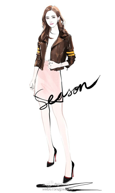 #jjseason插画# #season时装插画# ----- @杨幂 一身@MiuMiu 2017春夏系列夹克搭配粉色半裙,亮相，甜美帅气出席电视剧《三生三世十里桃花》“花期将至”发布会。O青春偶像杨幂 ​​​​