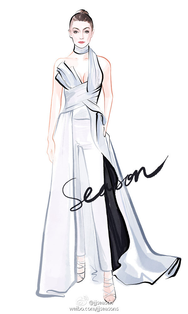 #jjseason插画# #欧美明星插画# ----- 伦敦当地时间12月5日，当红超模#Gigi Hadid#身穿Atelier Versace 2016秋冬系列礼服，性感优雅亮相2016英国时尚大奖（British Fashion Awards）颁奖礼，并获得“年度模特”大奖。O时尚宠儿Gigi Hadid ​​​​