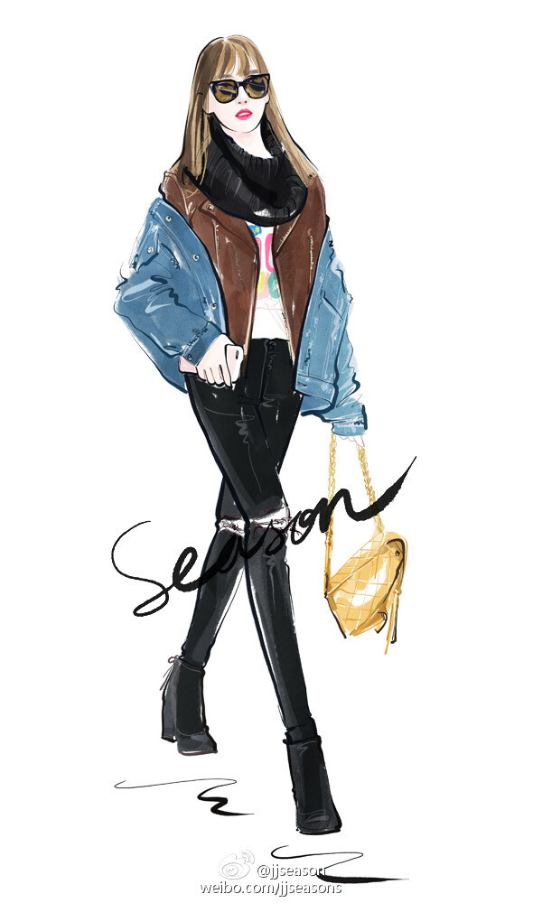 #jjseason插画# #season街拍插画# ---- @宋茜 身穿@Balenciaga 牛仔夹克内搭@YvesSaintLaurent 皮衣及@香奈儿CHANEL T恤，破洞仔裤及@Stuart_Weitzman 短靴，青春帅气现身机场。 ​​​​