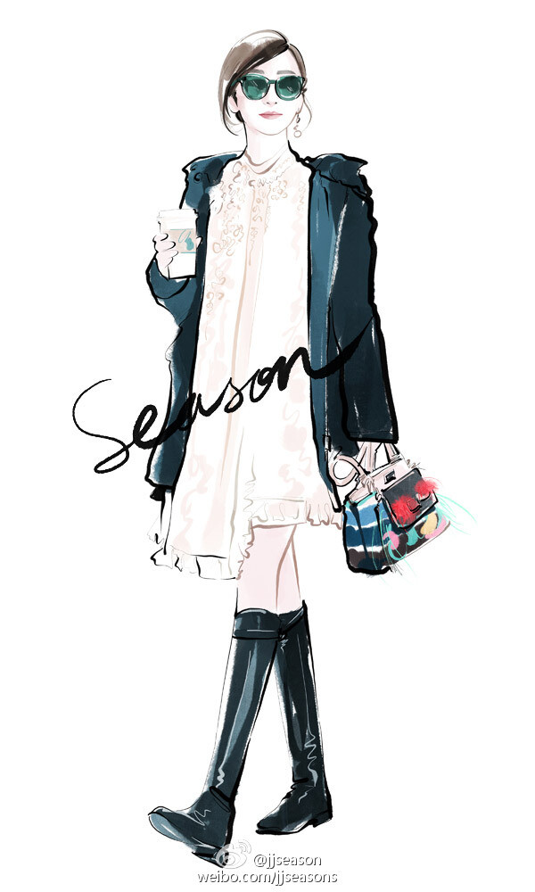 #jjseason插画# #season街拍插画# ---- @秦海璐 身着@FENDI 黑色廓形外套、连身裙搭配@HERMES 长筒靴和Fendi包，休闲街头风亮相机场。 ​​​​