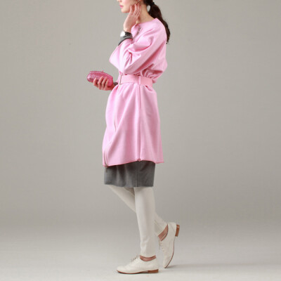 森鲤702原创设计亮粉色薄宽松毛呢大衣外套腰带束腰拉链