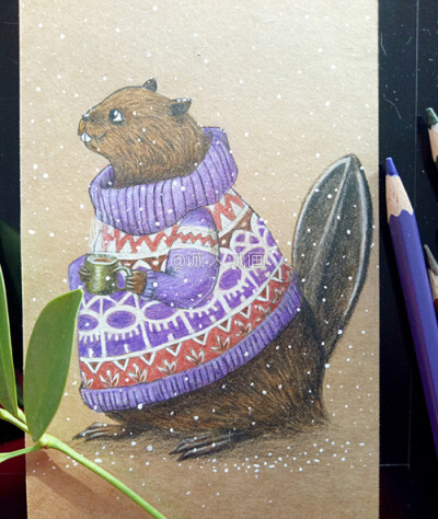 临摹俄罗斯艺术家Lia Selin作品，暖冬系列，动物绘，彩铅手绘，@诚风