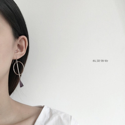 Jewelry 欧美极简约 S925纯银复古紫水晶几何圆形耳钉耳坠耳饰 女