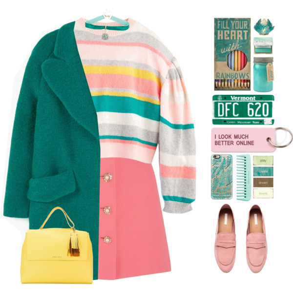 A fashion look from January 2017 featuring striped sweater, blue coat and pink skirt. Browse and shop related looks.