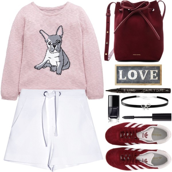 A fashion look from November 2016 featuring long sleeve tops, white shorts and adidas sneakers. Browse and shop related looks.