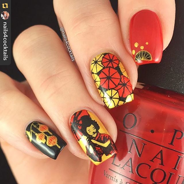 #GPRepost,#reposter,#notetag @nails4cocktails via @GPRepostApp ======> @nails4cocktails:Geisha nail art #geisha #japanesenailart #uberchic #uberchicbeauty For this mani I used: @hm Neo Noir. @opi_products Big Apple Red. @uberchicbeauty The Far East 01. @bornprettystore gold stamping pol…