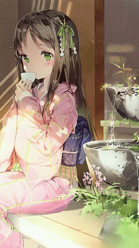 女孩 动漫 唯美 古风 意境 日本 和服 粉色 棕发 长发 直发