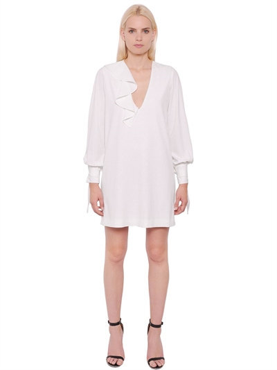 DESIGNERS REMIX - V NECK CREPE DRESS WITH TIES & RUFFLE - WHITE