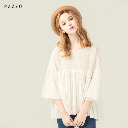 │PAZZO│SWEET P40003457 微甜女孩小花缕空宽袖上衣