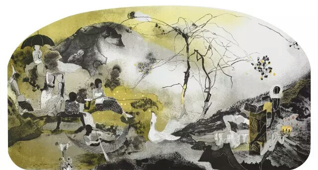 李明娟 《隔岸·挂枝儿》石版套色 48X72cm 2014