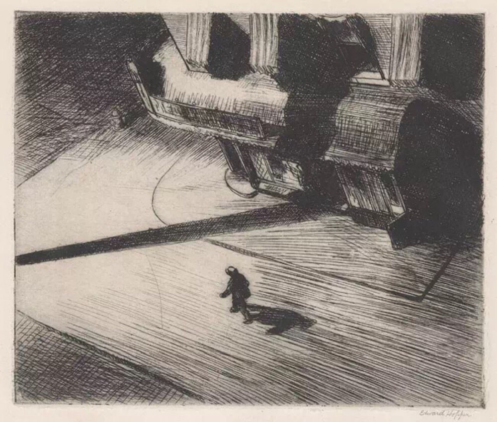 图为美国绘画大师Edward Hopper的作品Night Shadows。Edward Hopper是都会写实画风的推广者，以描绘寂寥的美国当代生活风景闻名。寂静无人的街，身份不明的人，他何以经过？将去往何处？