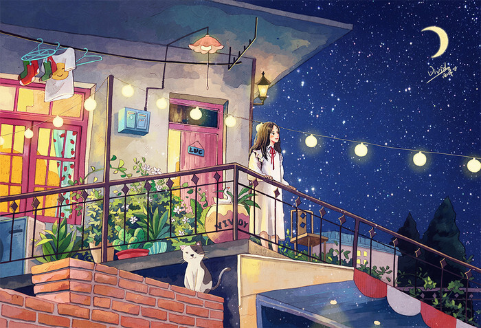 sweet drawin - vivid雨希_少女,猫咪,场景,夜晚_涂鸦王国插画