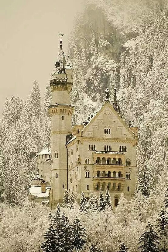 【德国新天鹅堡Neuschwanstein Castle】这座城堡是巴伐利亚国王路德维希二世建造，位在德国巴伐利亚省福森市，在德国东南与奥地利的边界上，城堡就盖在隶属阿尔卑斯山山脉一个近一千公尺高的山顶上，新天鹅堡的外型也激发了许多现代童话城堡的灵感，包括美国加州迪士尼乐园和香港迪士尼乐园的睡美人城堡。 