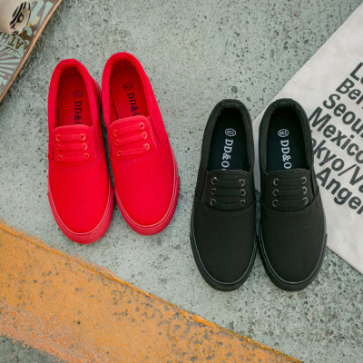 韩国红黑色帆布鞋女学生韩版布鞋一脚蹬懒人鞋平跟休闲鞋
