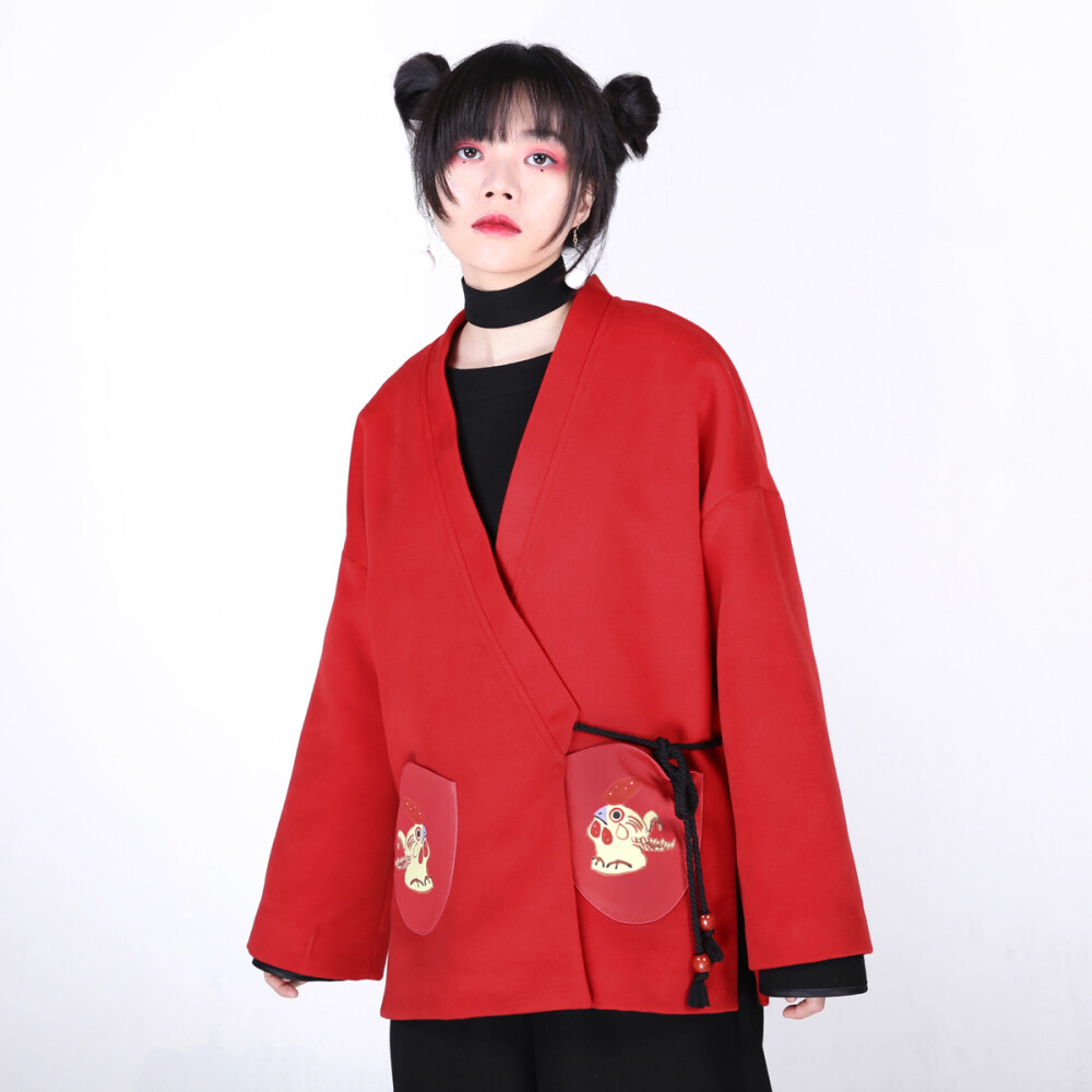 芍药居原创设计神经红和风系带毛呢17春印花大衣外套