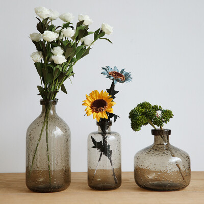 北欧简约时尚创意玻璃花瓶水培透明气泡玻璃花器花插 烟灰棕系列