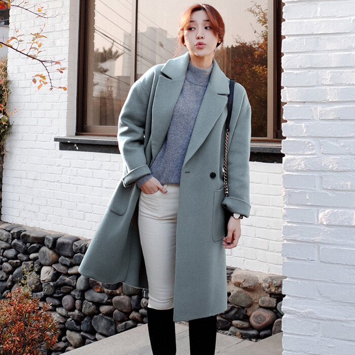 2016韩国冬装呢大衣纯色中长款西装领羊毛呢子外套加厚气质女