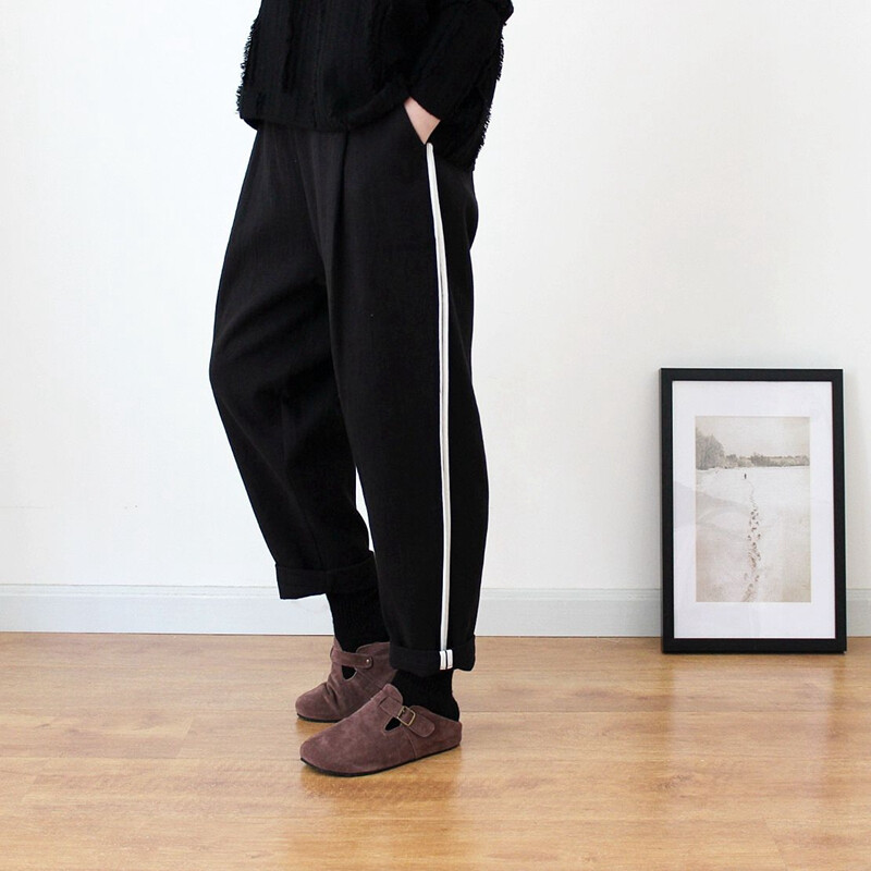 三四五月年轻的经典黑加厚棉原创设计感白径超酷落档长裤阔脚裤