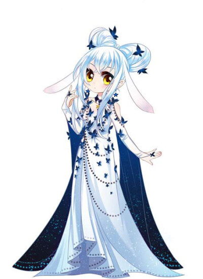 夜空灵蝶套装
披着夜蝶的夜礼服，今天我将成为焦点。
发型：冰蓝蝴蝶结发鬏
连衣裙：白昼夜蝶
饰品：夜星耳坠
