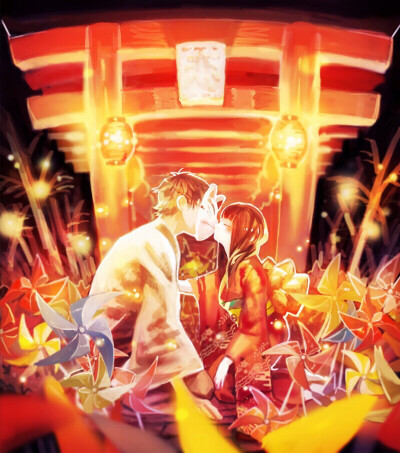 东方 唯美 长发 和服 少女 狐面 少年 小清新 温馨 治愈 神社 灯笼 风车 萌 二次元 高清 插画 意境 壁纸