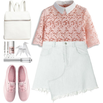 A fashion look from January 2017 featuring pink lace top, denim skirt and lace up shoes. Browse and shop related looks.