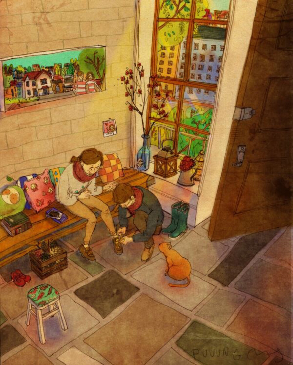 외출 전(Before going out)
신발끈이 풀렸어요
내가 묶어줄게요!
"Shoe laces are untied.
I'll tie'em up!"