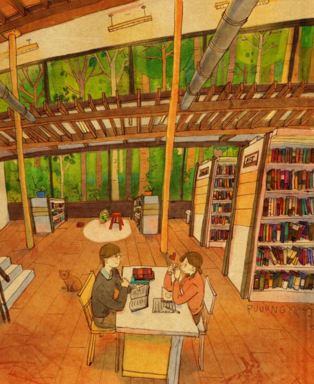 숲속의 도서관(Library in the woods )
숲속의 도서관에서 책을 읽어요.
집중하지 못하고 그새 장난을 쳐요.
사랑해! 하트 뿅뿅!
"Reading books in a library in the woods.
I just want to play with you when you are around.
I love you so much sweetie :) "
