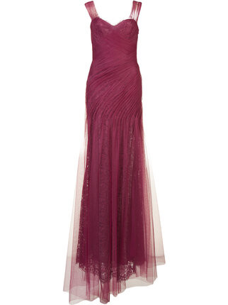 Cherry silk draped gown from Monique Lhuillier.