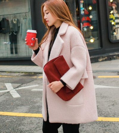 韩国宽松简约茧型中长款羊毛呢子大衣女西装领大口袋毛呢外套秋冬