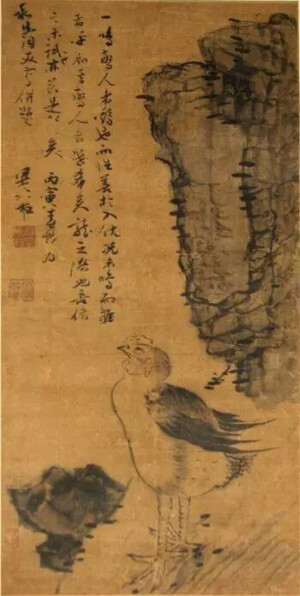 明·梁元柱《雏鸡图》，绢本墨笔，54×27厘米，广东省博物馆藏
