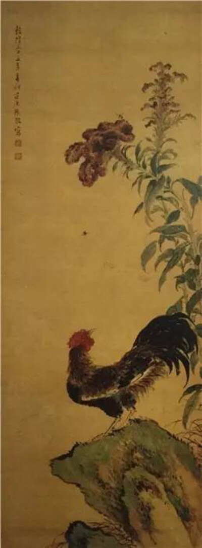 张敔《雄鸡花卉图》，绢本设色，144.5x54厘米，山东博物馆藏