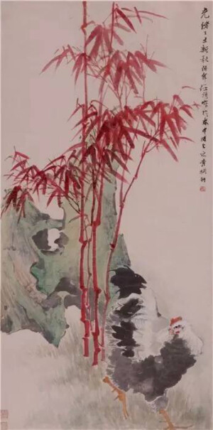 清·任伯年《竹树雄鸡图》，纸本设色，1877年，113x56厘米，广东佛山市博物馆藏