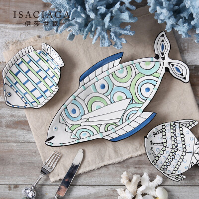 售完无补 托斯卡纳海洋风餐具系列创意陶瓷鱼盘釉下彩西餐盘子
