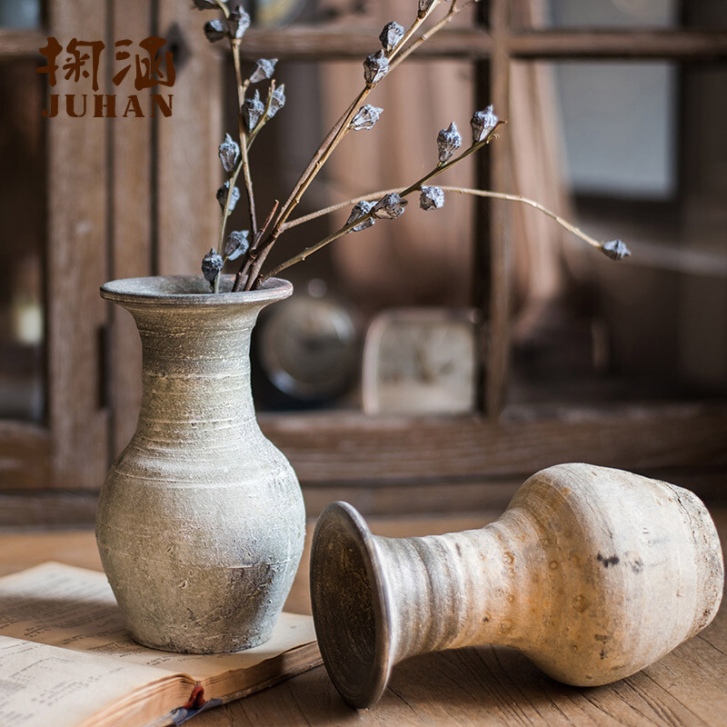 掬涵陶瓶 手工陶艺 花瓶花器摆件装饰粗陶粘土仿古做旧观音瓶