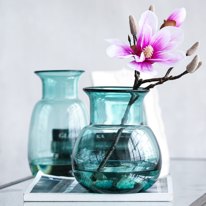 创意蓝色透明玻璃花瓶客厅插花装饰品摆件家居假花仿真花花艺套装