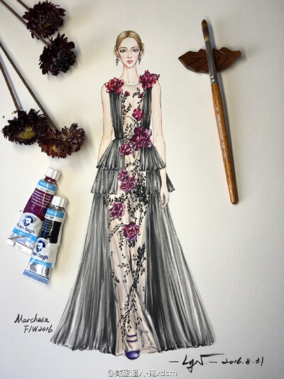 Marchesa F/W 2016 #水彩##水彩教程##手绘##插画##时装画##服装设计#又是一个学期开学了，陆陆续续的忙碌起来，接下来会更忙，暂时没时间画画 ​​​​