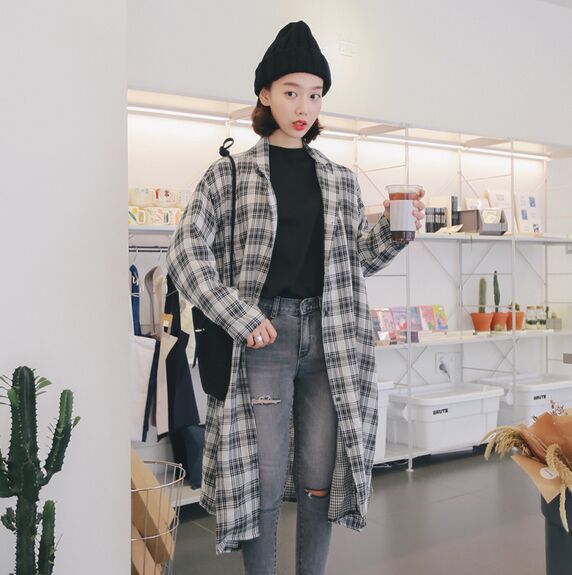韩国进口女装外套2016秋装韩范街头流行宽松长款格纹风衣外套