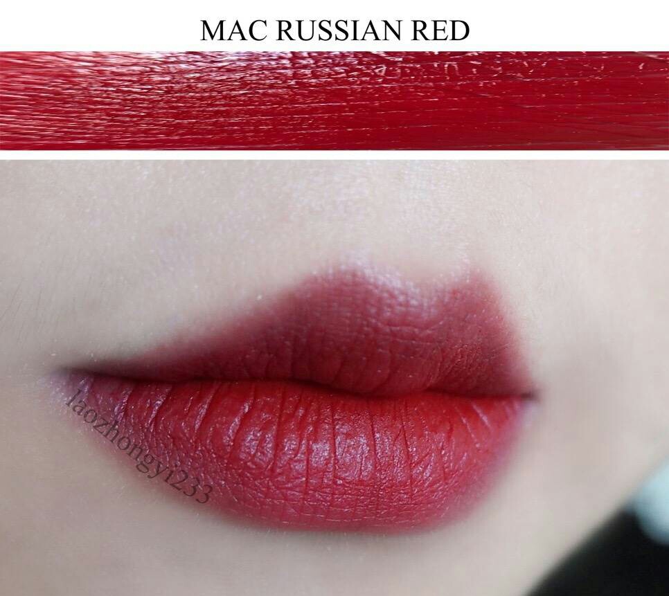 MAC唇膏 色号:RUSSIAN RED 俄罗斯红，一点都不偏橘的红 带一点点姨妈感！
mac的唇膏普遍我用都偏干，但这只很润 而且颜色饱和很有气场！@姐是老中医233 试色