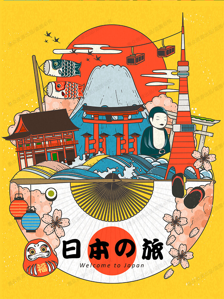 【点击 购买 】18P 日本旅游扁平化风景建筑海报插画ui矢量喷印刷eps设计素材图
