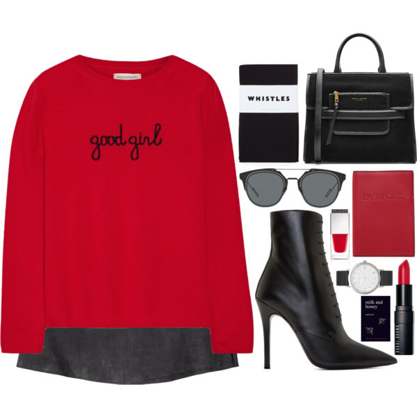 A fashion look from January 2017 featuring red sweater, short skirts and leather booties. Browse and shop related looks.