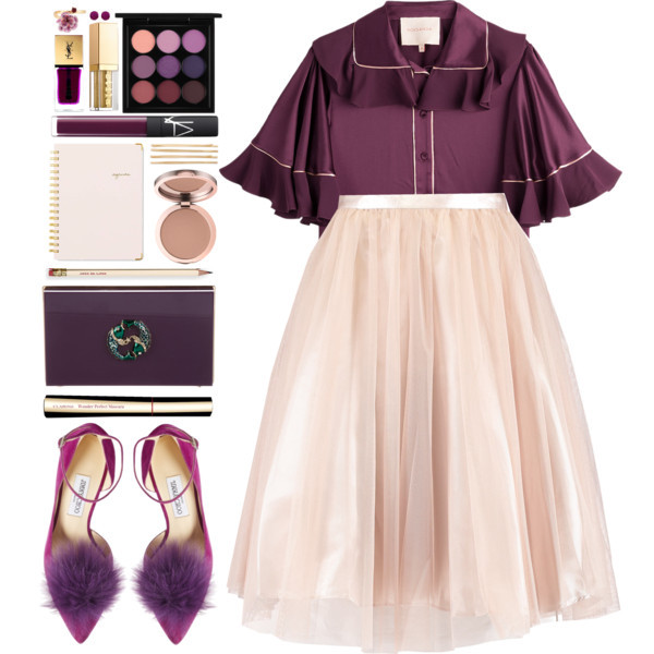 A fashion look from February 2017 featuring purple ruffle top, pink tulle skirt and pom pom shoes. Browse and shop related looks.