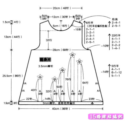 第二、连衣裙的前片编织： 
 
1、使用3mm棒针、浅绿色线起96针。 
2、如图编织8行底部花样。包括起针的第1行。 
3、换3.5mm棒针，如图编织86行花样。此时如图示两端同时每5行减1针减1次（5-1-1），每6行减1针减12次…