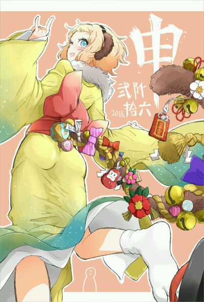  插画手绘 二次元 少女 唯美 萌 新年贺图 和服