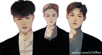 兴包勉，EXO，张艺兴，lay，金珉锡，xiumin，金俊勉，suho，手绘，fanart，cr.戚风点心。好看好看