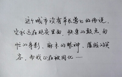 这个城市没有草长莺飞的传说，它永远在现实里面，快速的鼓点、匆忙的身影、麻木的眼神、虚假的笑容，而我正在被同化……