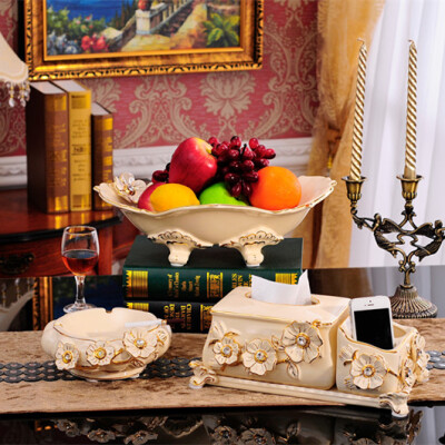 欧式果盘陶瓷水果盘 纸巾盒 烟灰缸 三件套装客厅茶几必备装饰品