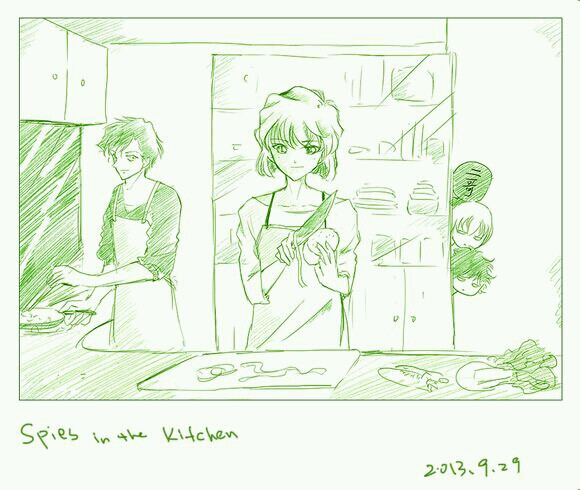 【来源P站，侵删】赤井秀一宫野志保 Spies in the kitchen
画师：黒いニット帽
赤井秀一/冲矢昴×宫野志保/灰原哀，秀志，秀哀，昴志，昴哀。
动漫二次元原创/同人画/漫画/手绘/头像/壁纸/锁屏/背景/美男/美少女/茶发/短发/傲娇/腹黑/女王/CP/线稿