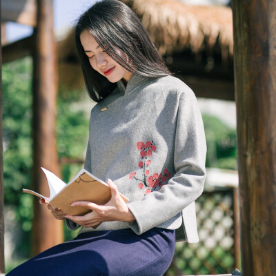 何梵思中式国风禅意服装女冬装羊毛呢外套短款茶服百搭长袖灰色